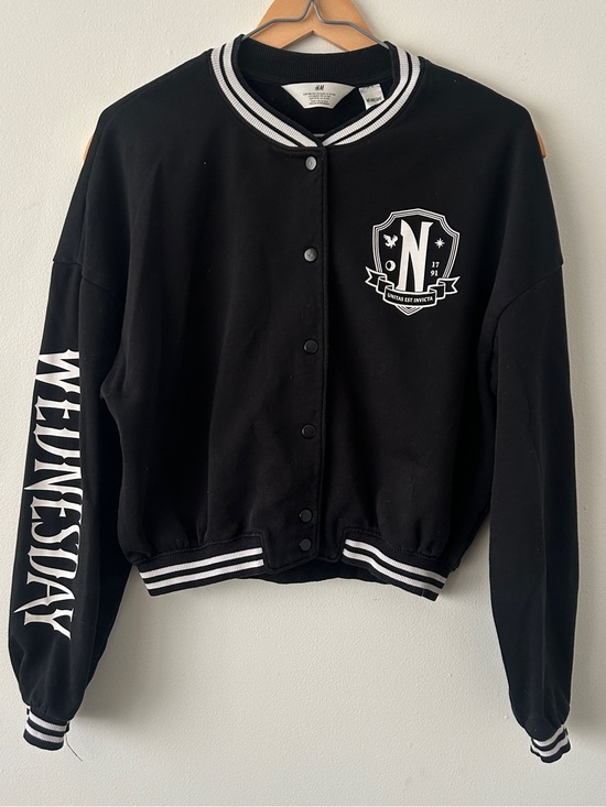 H&M Other - H&M Girls Wednesday Graphic Snap Button Bomber Sweatshirt Jacket • Size 12